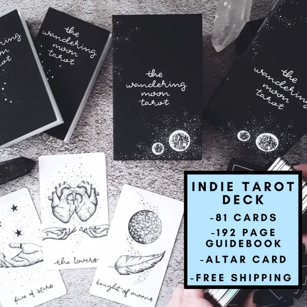 The Wandering Moon Tarot with guidebook, 81 cards indie holographic deck beginner luxe black white box oracle book love