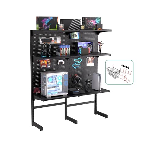 JWX DDB Gaming Pegboard Standing Shelf Units, Modular Pegboard and Shelf System with 15 Pieces Organizer Tool Holders - Frosted Black
