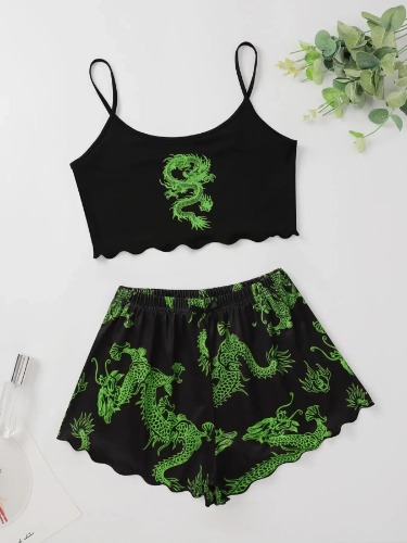 2pcs Goth Comfy Dragon Print Set - green / XL
