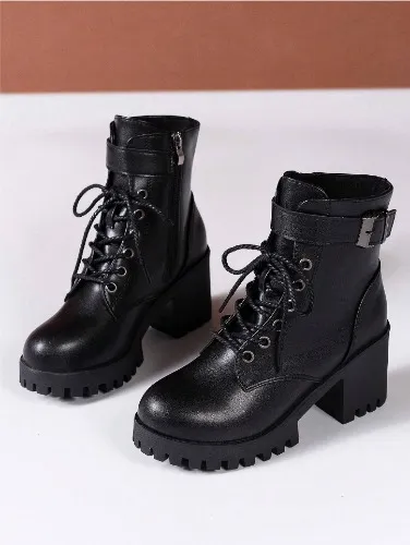 Women Lace-Up Thick Heel Short Ankle Boots