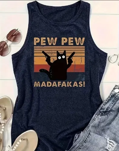 Cat Print Crew Neck Tank Top