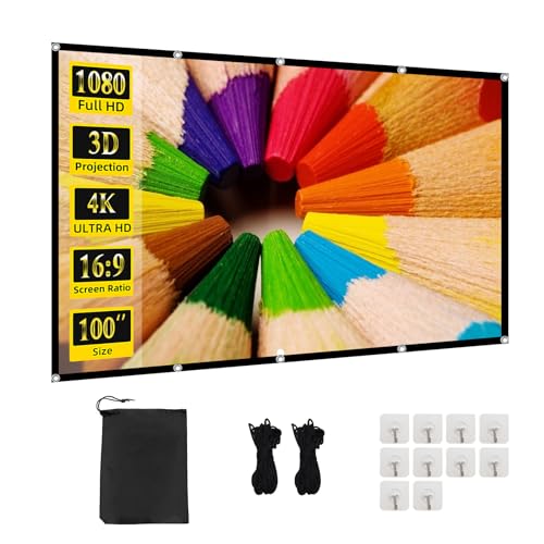 Projector Screen TOWOND 100 inch Projection Screen Indoor Outdoor Washable Anti-Crease 16:9 HD Rear Front Movies Screen for Home Theater Office - 100 inch