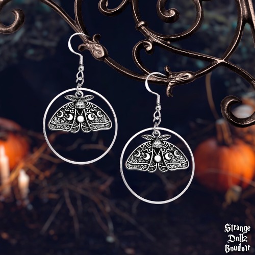 Ethereal Lunar Moth Earrings,  925 Sterling Silver, Witchy Gothic, Strange Dollz Boudoir