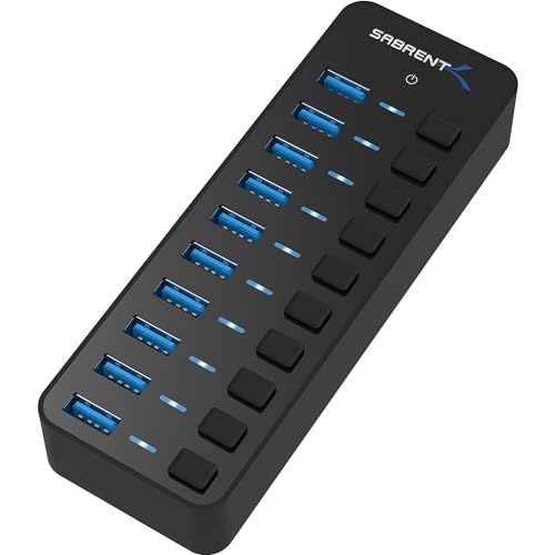 SABRENT 10-Port 60W USB 3.0 Hub with Individual Power Switches and LEDs Includes 60W 12V/5A Power Adapter (HB-BU10) - 10-PORT