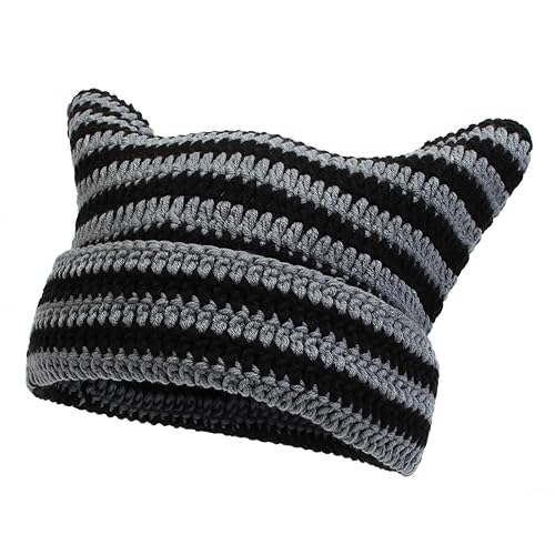LERTREE Women Girls Winter Crochet Hats Cat Ear Beanie Stripe Bonnet Slouchy Grunge Kniting Caps - Medium-Large - Black Gray