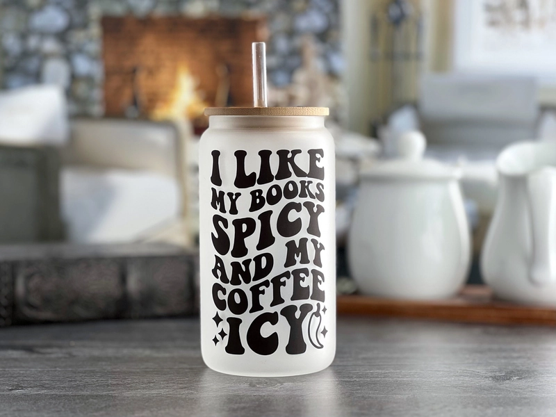 I like My Books Spicy and My Coffee Icy Glass Can 16oz, Book Lover Gift, Spicy Book Mug, Iced Coffee Cup with Bamboo Lid and Straw
