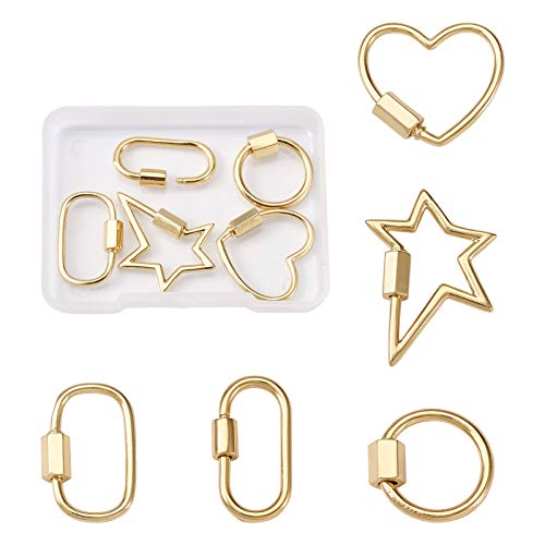 FASHEWELRY 5Pcs Brass Screw Carabiner Lock Charms 5 Styles Oval Round Star Heart Necklace Link Connector Charms Real 18K Gold Plated for Necklace Making - 00Real 18K Gold Plated-5 Styles