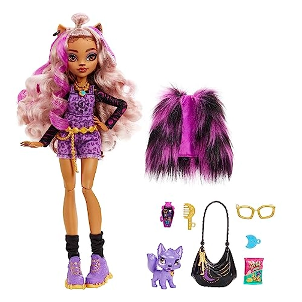 Monster High Doll, Clawdeen Wolf with Accessories and Pet Dog, Posable Fashion Doll with Purple Streaked Hair