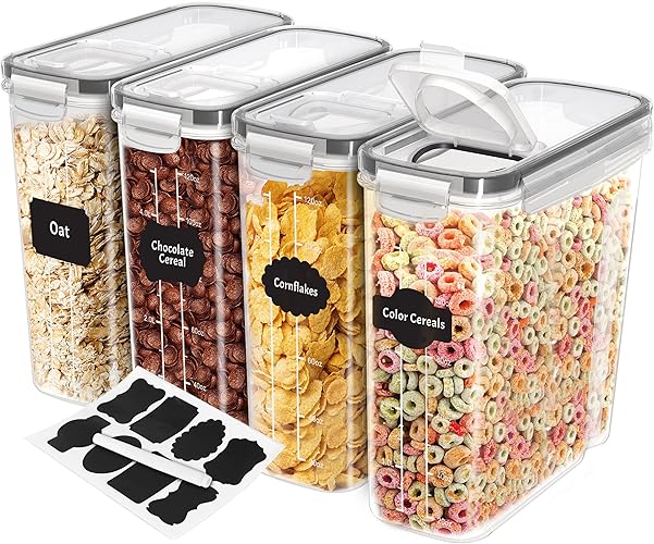 KICHLY Pack of 4 Cereal Containers Storage - Cereal Dispenser & Food Storage Containers for Pantry Organization and Storage -Food Dispensers for Kitchen Counter and Cookie Jars - Pack of 4