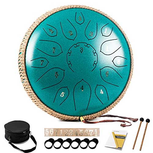 Steel Tongue Drum - HOPWELL 12 Inches 13 Notes - Percussion Instruments - Hand Pan Drum with Music Book, Drum Mallets and Carry Bag, C Major (Navy Blue) - 12 Inch 15 Note - Malachite Green