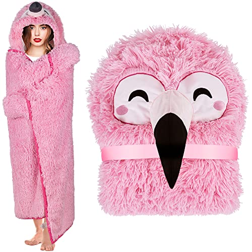 Flamingo Wearable Hooded Blanket for Adults - Fluffy Super Soft Shaggy Faux Fur, Fuzzy Warm Cozy Plush Furry Fleece & Sherpa Hoodie Throw Cloak Wrap - Flamingo Gifts for Women Adults and Kids - Flamingo