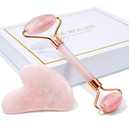 Jade Roller & Gua Sha, Face Roller, Facial Beauty Roller Skin Care Tools, BAIMEI Rose Quartz Massager for Face, Eyes, Neck, Body Muscle Relaxing and Relieve Fine Lines and Wrinkles - 1-2pcs-pink