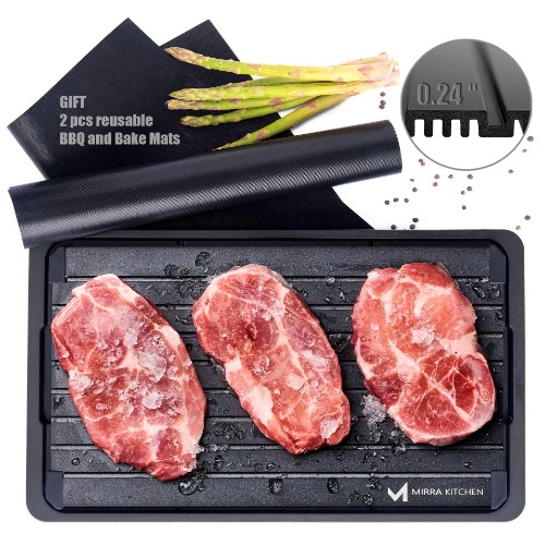 Extra Thick Fast Defrosting Tray - Dishwasher Safe Large Thawing Plate with Drip Tray Set - Non-Stick Coated Thawing Board for Frozen Meat and Food - No Plug Natural Defrost Miracle Thaw Master Mat - 