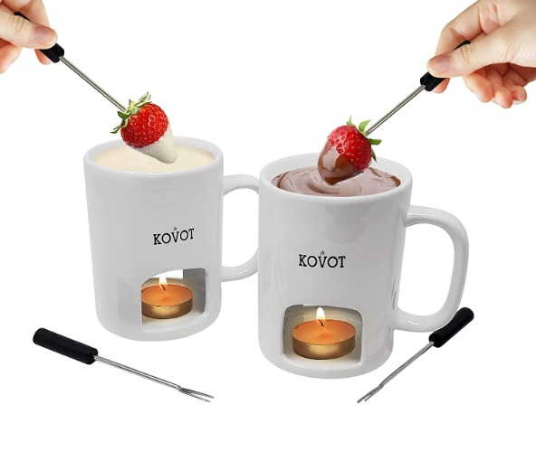 KOVOT Personal Fondue Mugs Set of 2 | Ceramic Mugs for Chocolate or Cheese | Includes Forks and Tealights| Double Vented (White) - White