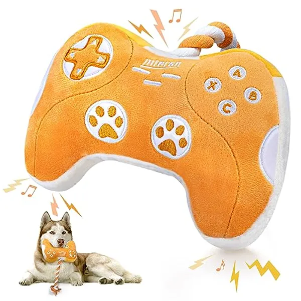 MTERSN Plush Dog Toy : Interactive Squeaky Dog Toys with Crinkle Paper and Gaming Controller Shape Dog Rope Toys - Funny Dog Chew Toys with 3 Squeakers for Puppy, Small, Medium, Large Dogs (Yellow)