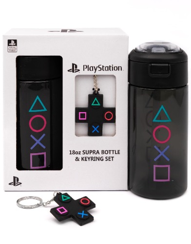 PlayStation Water Bottle & Keychain Gift for Adults & Kids | Gaming Sports Drink 18oz | Boy & Girl Gamer Present | Black Waterproof & Straw Drinking Cup