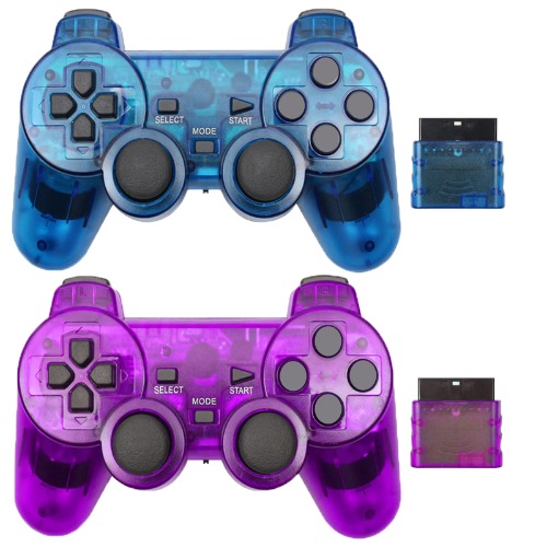 Wireless Controller for PS2,Built-in Dual Vibration 2.4G Gamepad Joystick Compatible for Playstation 2 (2PACK, Clear Blue and Clear Purple)