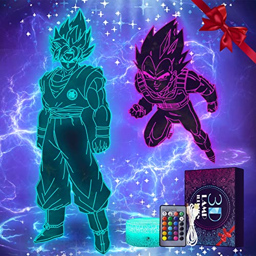 2 Stück Anime Goku&Vegeta Geschenke Dekoration Nachtlicht 3D LED Illusion Lampe Mit Fernbedienung & Touch 7 Farben + 16 Farben wechselnd Opreated Dimmbare Nachttischlampe für Kinder Männer Fans - 2-en-1-a