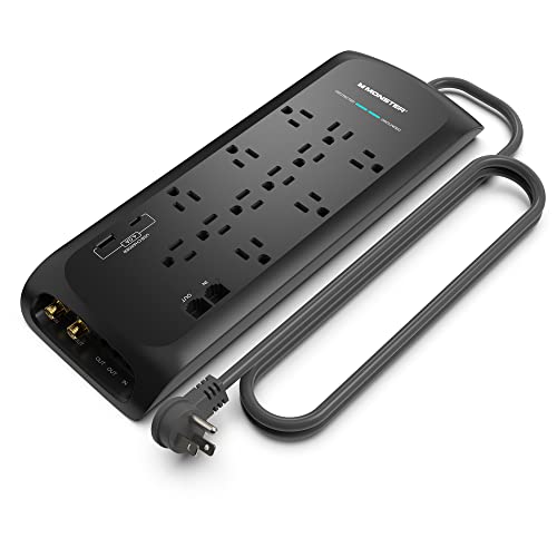 Monster Black Heavy Duty Surge Protector Power Strip 6 ft Cord with 12 120V-Outlet Extension, 2 Ethernet Switch Ports, 4050J Rating, 1 USB-A, and 1 USB-C Charging Ports – Ideal for Computers & Offices - 12-Outlet - Black