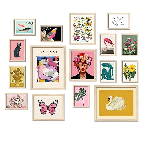 ANERZA 16 PCS Framed Eclectic Wall Art Decor, Modern Maximalist Wall Prints for Bedroom, Gallery Wall Frame Set, Posters for Living Room Aesthetic, Wall Collage Kit Pictures, Colorful Dorm Home Decor - 12"x15" Framed - Eclectic Multi