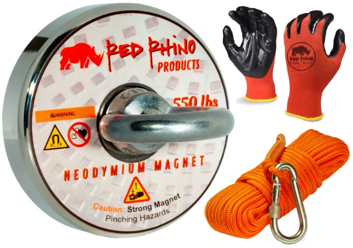 550lbs Pull Force Military Grade Neodymium N52 Magnet Fishing Rope XL Carabiner Gloves - Powerful Kit Strong Retrieving Rare Earth Permanent Big Salvage Magnets Set Strong Magnahook Red Rhino Product