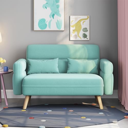 Yaheetech 46" Small Modern Fabric Sofa Loveseat Mid Century 2 Seater Sofa Couch with Lumbar Pillows, Solid Wood Legs for Small Space, Dorm, Office, Bedroom, Aquamarine - Aquamarine
