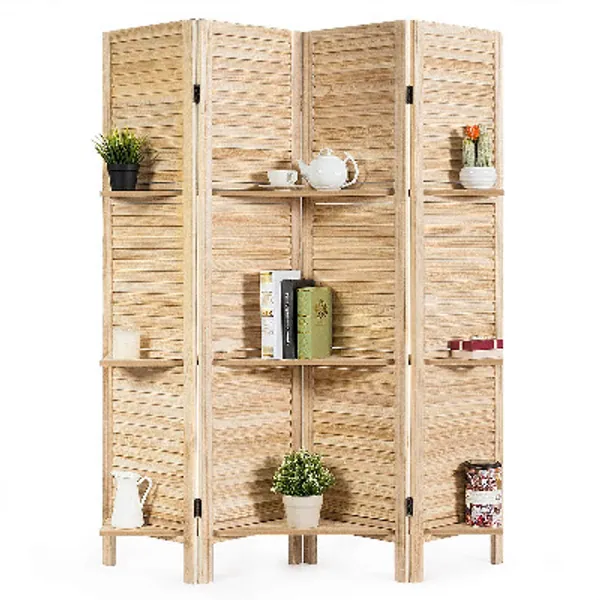 Giantex 4 Panel 5.6 Ft Tall Wood Room Divider, Folding Privacy Partition Room Divider Screens w/ 3 Display Shelves, Panel Room Dividers Privacy Screen for Home, Office, Restaurant, Bedroom (Natural)
