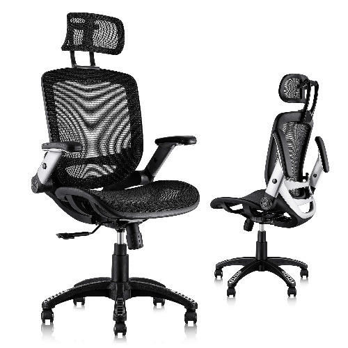Gabrylly Ergonomic Mesh Office Chair, High Back Desk Chair - Adjustable Headrest with Flip-Up Arms, Tilt Function, Lumbar Support and PU Wheels, Swivel Computer Task Chair - Black
