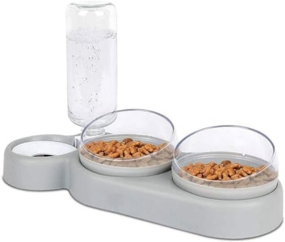 Katzennapf-Set 15° Neigbar Doppelter Futternapf für Nass- Trockenfutter, mit Automatischer Wasserflasche, für Kleine und Mittelgroße Hunde und Katzen - Grau