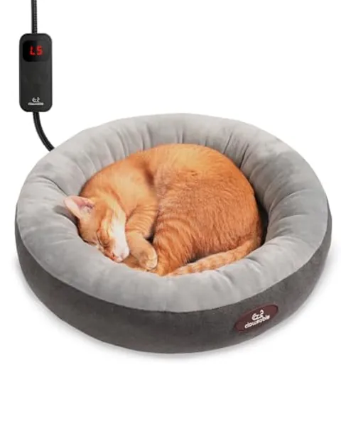 clawsable Heated Cat Bed for Small Size Cats, 19" Soft & Cozy Donut Heated Pet Bed with Timer & Temp Adjustable Pet Heating Pad for Indoor Cat, Electric Bed Heater Warmer for Kitten Cat - Light Gray