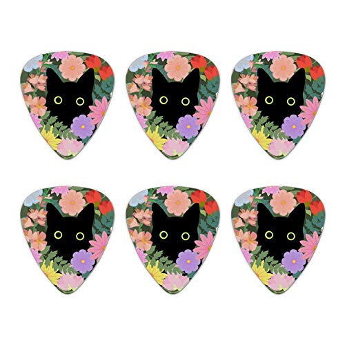 Black Cat Hiding in Spring Flowers Novelty Guitar Picks Medium Gauge - Set of 6