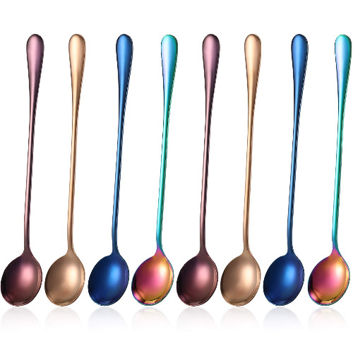 8 Pieces Long Handle Tea Spoon Stainless Steel Coffee Mixing Spoons Teaspoon for Mixing, Cocktail Stirring, Coffee, Milkshake, Cold Drink, 7.48 Inch (Round Style) - Round Style