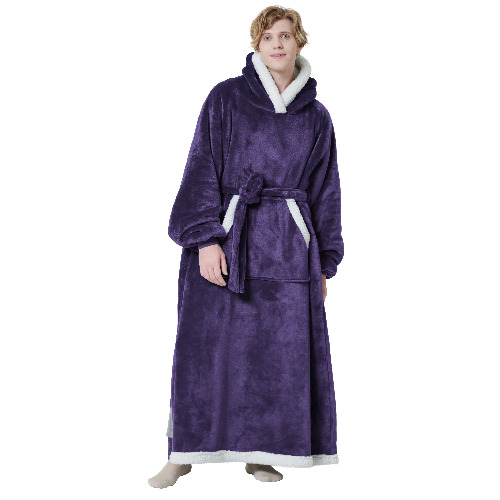 BEDSURE Oversized Wearable Blanket Hoodie, Long Sherpa Fleece Blanket Sweatshirt, with Warm Big Hood, Side Split and Belt, Purple, Oversize - Oversize Dark Purple