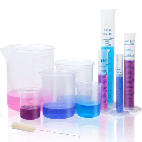 APLANET Plastic Graduated Cylinders and Beakers, 10ml, 25ml, 50ml, 100ml Cylinders with 50ml, 100ml, 250ml, 500ml, 1000ml Beakers and 1 Tube Brush, Ideal for Home and School Science Lab - 
