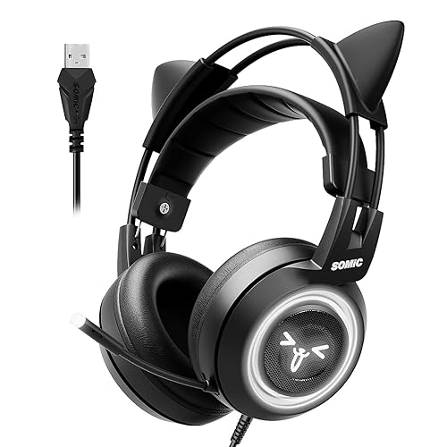 Somic Casque de Jeu Cat avec Virtual 7.1 et lumière LED, Son Surround, Casque avec Micro antibruit pour Ordinateur, PS4, Ordinateur Portable, Noir (Prise USB) - Noir