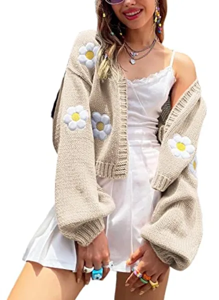 Womens Y2K Cardigan Sweaters Long Sleeve Open Front Cropped Flower Knit Cardigan Aesthetic 90s Shrug Back to College Outfits - Small - Beige
