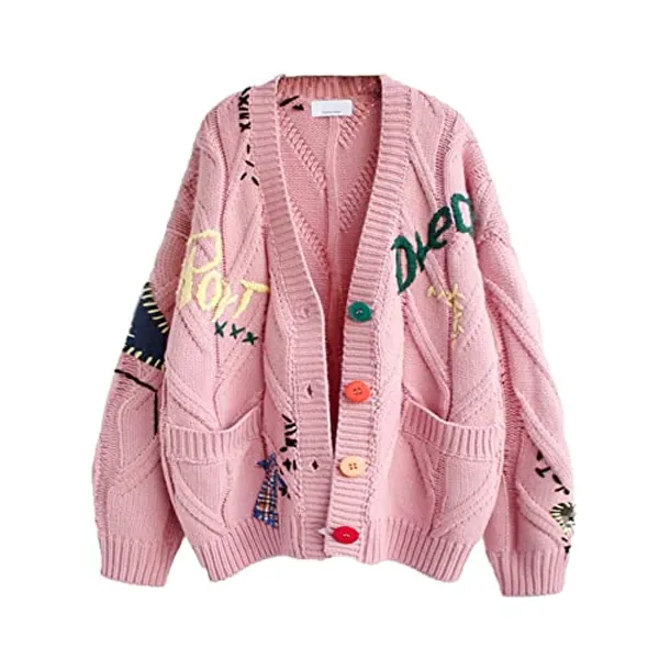 Women's Cable Knit Long Sleeve Open Front Cardigan Sheep V-Neck Button Down Embroidery Wool Blend Sweater Coat Outwear - Small - Pink