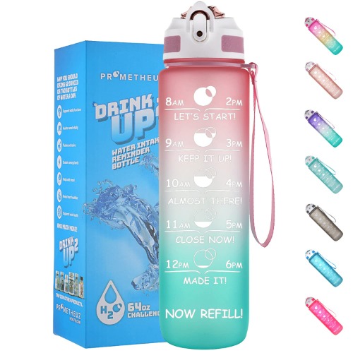 Prometheuz 32oz Water Bottle with Straw, Motivational Water Bottle with Time Marker, Water Bottles Leakproof & BPA-Free for Sports, Work and Fitness Rose Mint - Rose Mint