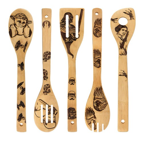 Star War Burned Wooden Spoons Utensil Set Gift Idea Cooking Serving Utensils Natural Bamboo Kitchen House Warming Presents Slotted Spoon 5 Piece - Star War