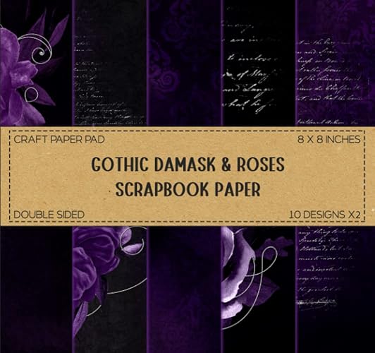 Scrapbook Paper - Double Sided 8 x 8" Sheets: Purple Gothic Damask & Roses Designs, Decorative Craft Paper, Scrapbooking, Junk Journaling, Cardmaking & DIY Crafts