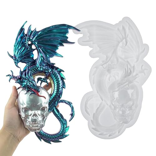HyzaPhix Dragon Silicone Moulds, Large Skull Dragon Epoxy Resin Mould Statue Making Moulds Halloween Casting Moulds for Wall Hanging Home Office Art Decor - skull with dragon