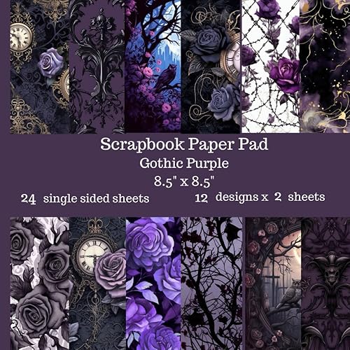Gothic Purple Scrapbook Paper Pad: 24 Single Sided Sheets of Decorative Paper for Junk Journals, Scrapbooking, Decoupage, Paper Crafts and More 8.5" x 8.5"