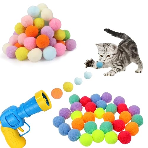 Interactive Cat Toys, Cat Ball Toy Launcher,Cat Ball Gun with 100pcs Soft Pom Pom Balls,Plush Ball Shooting Gun for Cats,Cat Fetch Toys for Indoor Pet Cat Exercise Training Chasing (100 PCS, style1) - style1 - 100 PCS