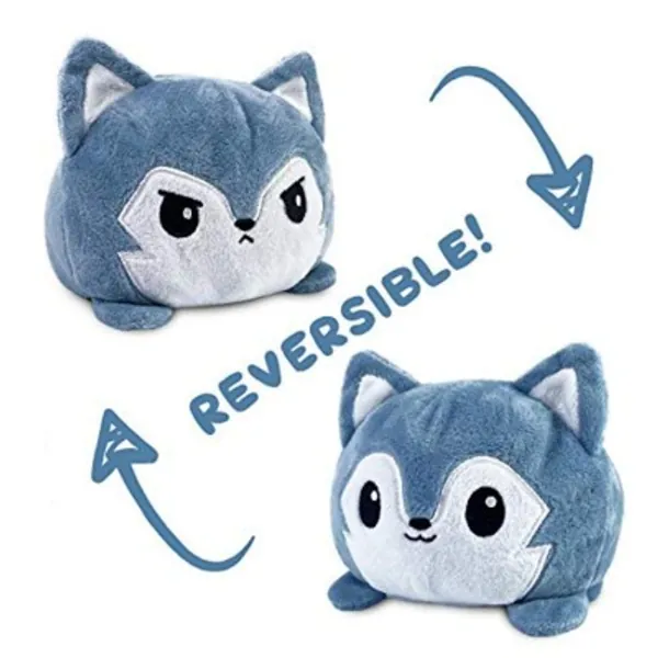 TeeTurtle | The Original Reversible Wolf Plushie | Patented Design | Gray | Happy + Angry | Show Your Mood Without Saying a Word!
