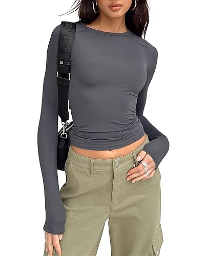 LACOZY Women's Skim Dupes Long Sleeve Tight Shirts Basic Tee Going Out Tops Y2k Crop Top Round Neck Shirt - 03 Deep Grey - X-Small
