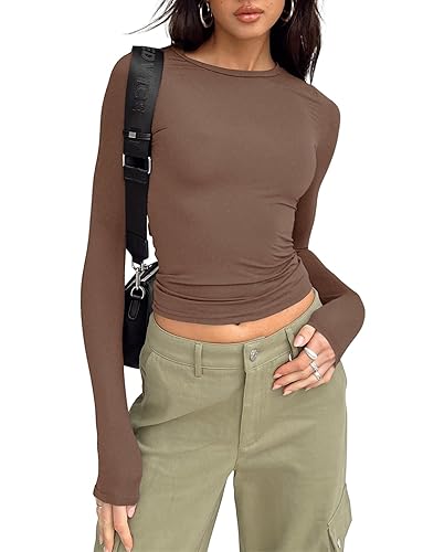 LACOZY Women's Skim Dupes Long Sleeve Tight Shirts Basic Tee Going Out Tops Y2k Crop Top Round Neck Shirt - 04 Coffee - X-Small