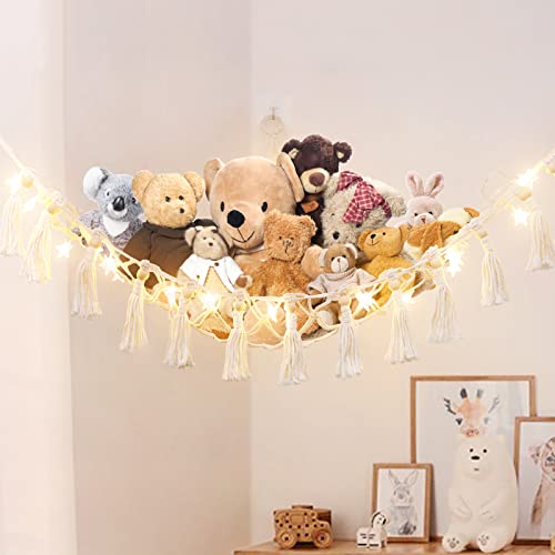 Dremisland Stuffed Animal Toy Hammock with Fairy Lights Macrame Boho Plush Toy Net Hammock with wood BeadsTassels-Stuff Animals Organizer Storage Corner Plush Toys Net Holder for Nursery Play Room, Kids Bedroom - Wood Beads