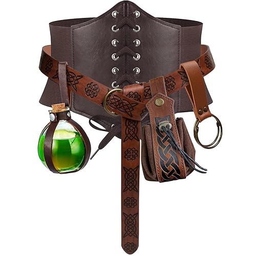 SUMGOGO 5PCS Corset Renaissance Belt Medieval Renaissance Belt Pouch Cork Potion Bottle Festival Halloween Costume Accessory - Brown - S-Waist/25.6"-34"