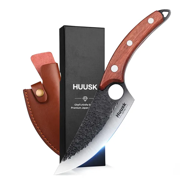 Huusk Viking Knives Hand Forged Boning Knife Full Tang Japanese Chef Knife with Sheath Butcher Meat Cleaver Japan Kitchen Knife for Home, Outdoor, Camping - 