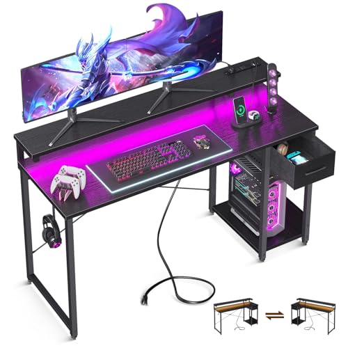 AODK Gaming Desk with LED Lights & Power Outlet, 55 Inch Computer Desk with Drawer, Reversible Desk with Adjustable Monitor Shelf & Headphone Hook for Home Office, Black - Black - 55 Inch